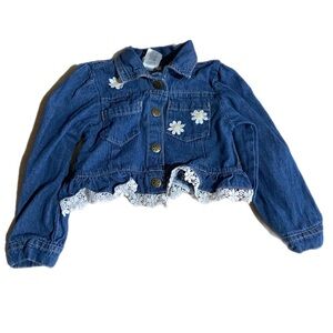 Little Girl Blue Denim Jean Jacket Sz 3T Floral Accents 100% Cotton Cottagecore